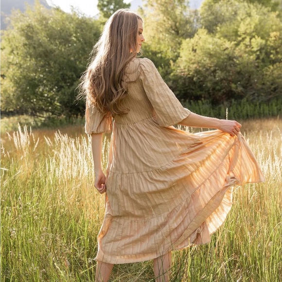 NWT Esme Smocked Modest Midi Dress with Pockets - Tan - Picture 6 of 9